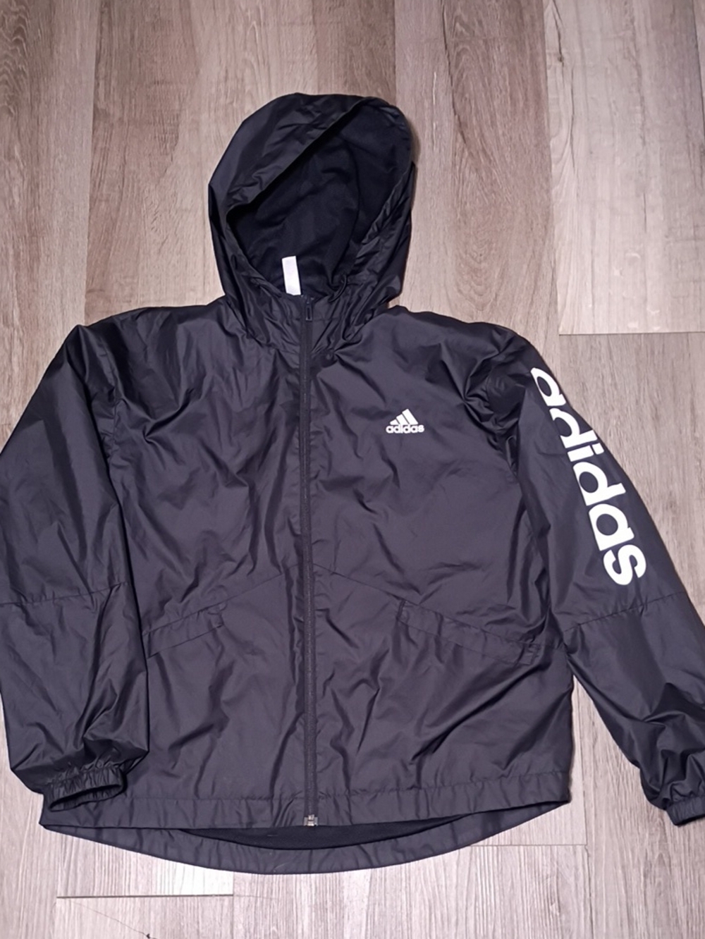 adidas Black Hooded Windbreaker with White Sleeve Logo